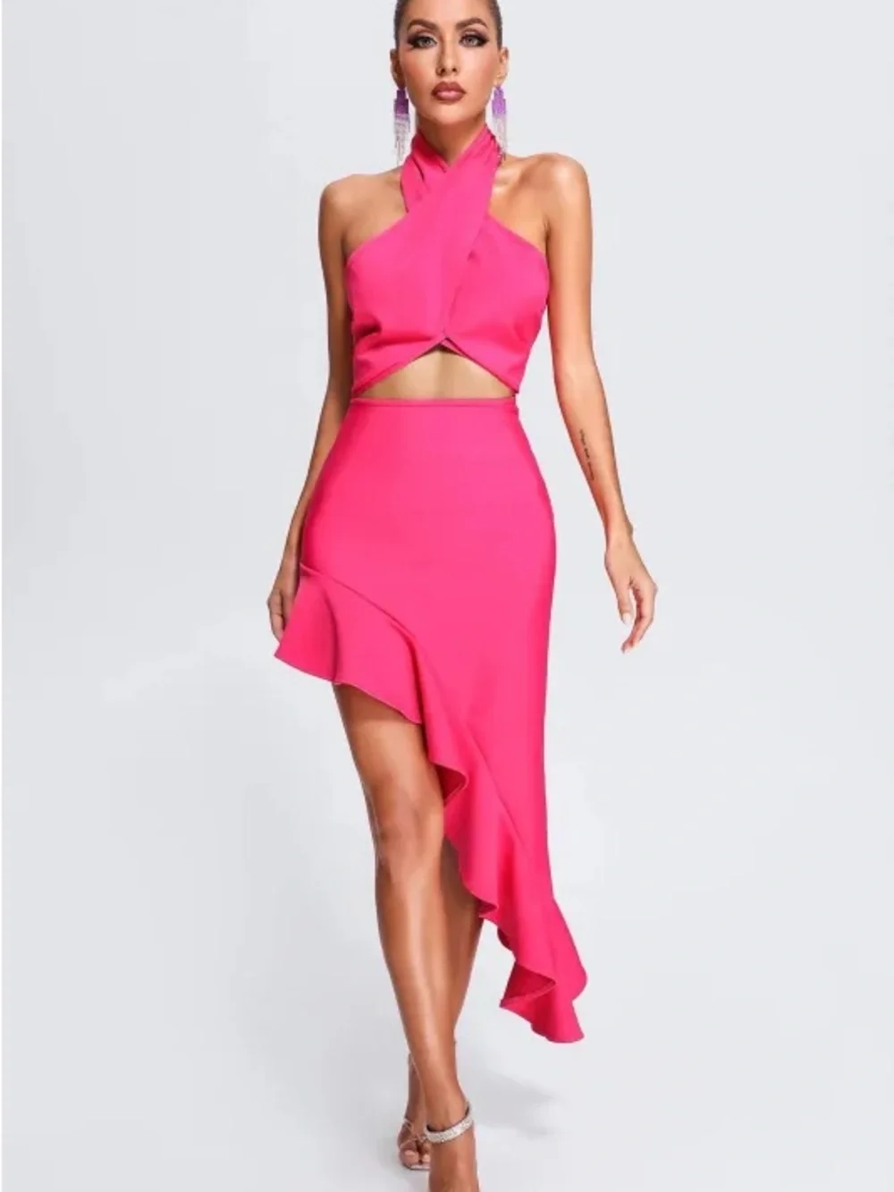 Fuchsia Halter High-Low Ruffle Dress - Picture 1 of 2
